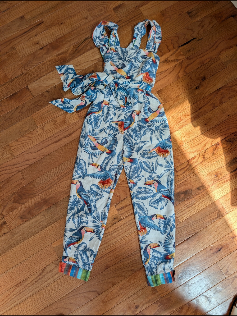 ​Farm Rio Toucan Print Linen Jumpsuit Multicolor Striped Cuff Small
